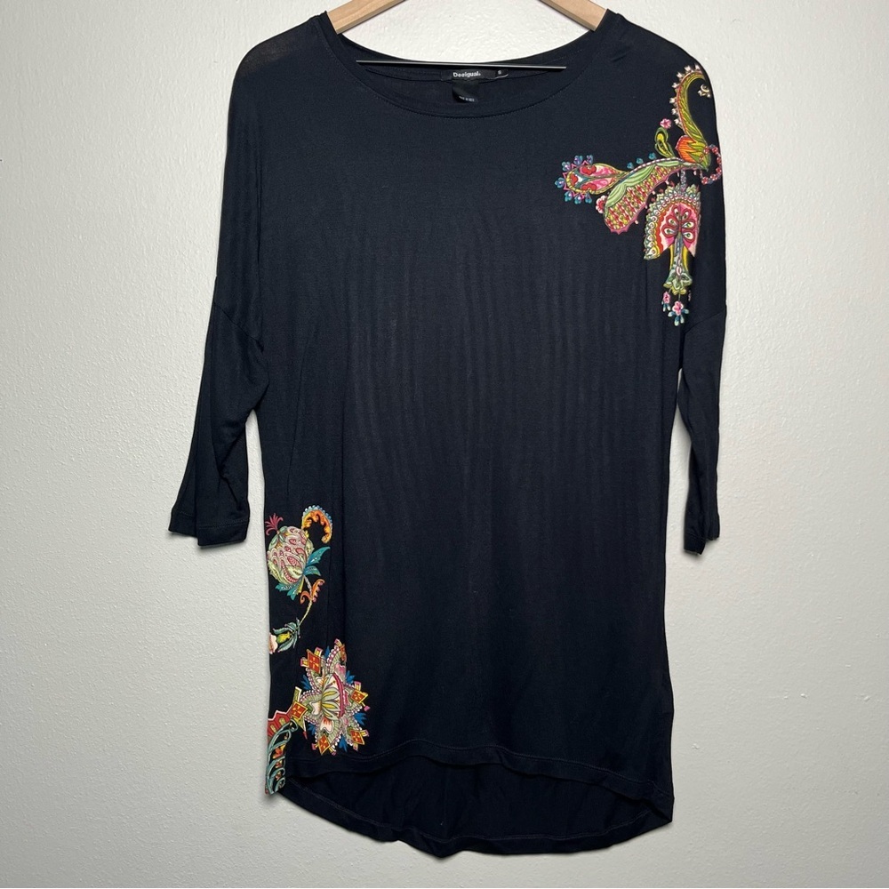 Desigual Women Top Small Black Floral Paisley Colorful‎ Sequin Art Tunic Scoop